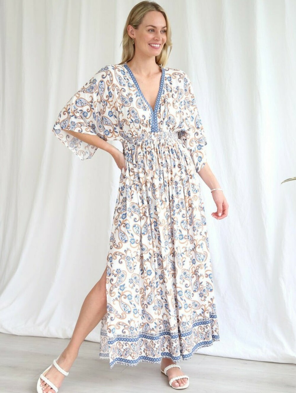 Salty Bright Light Neutral Bohemian Paisley Maxi Dress